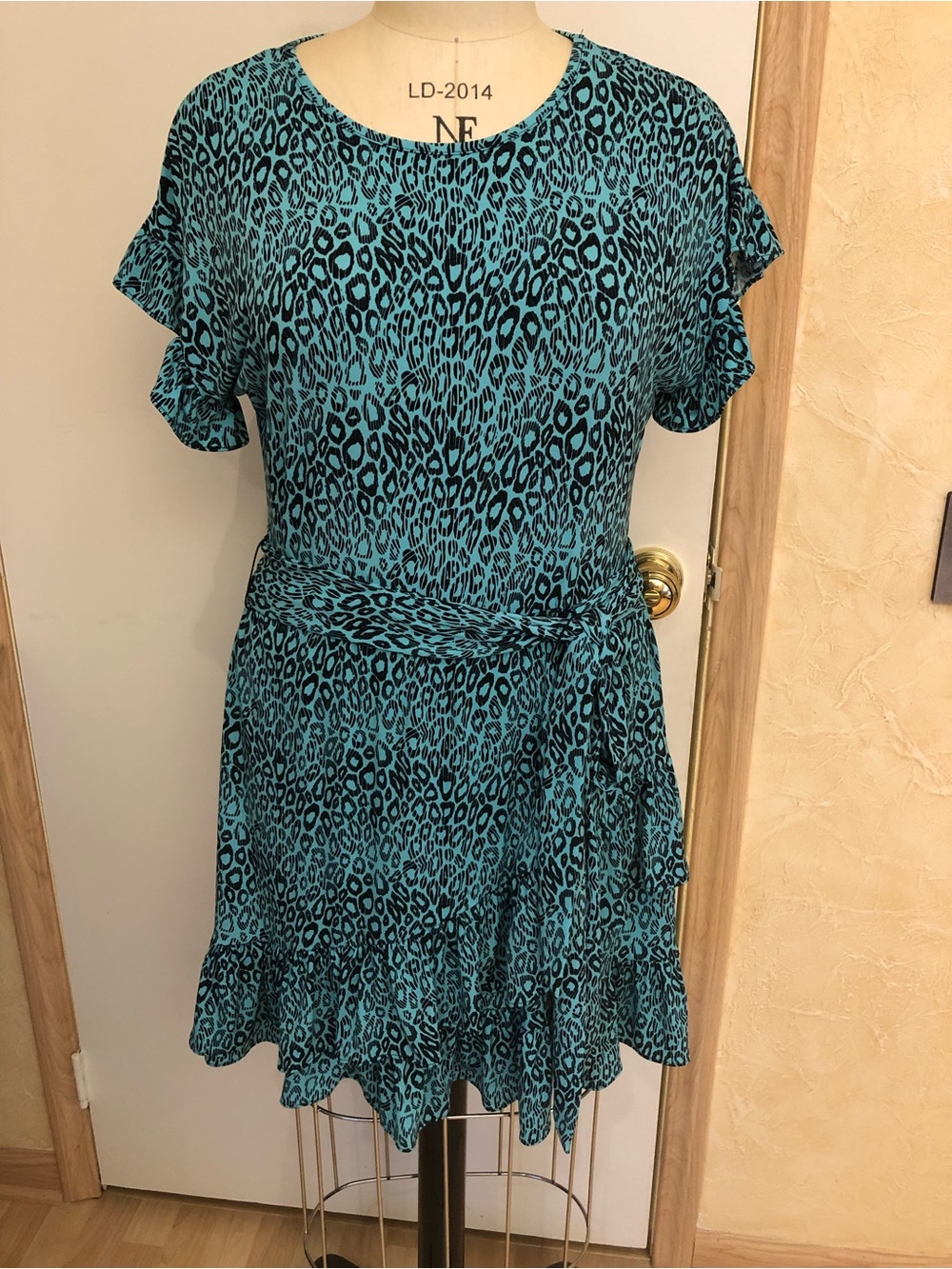 Teal Leopard Print Short Sleeve Ruffle Dress with Waist Tie by Michael Kors